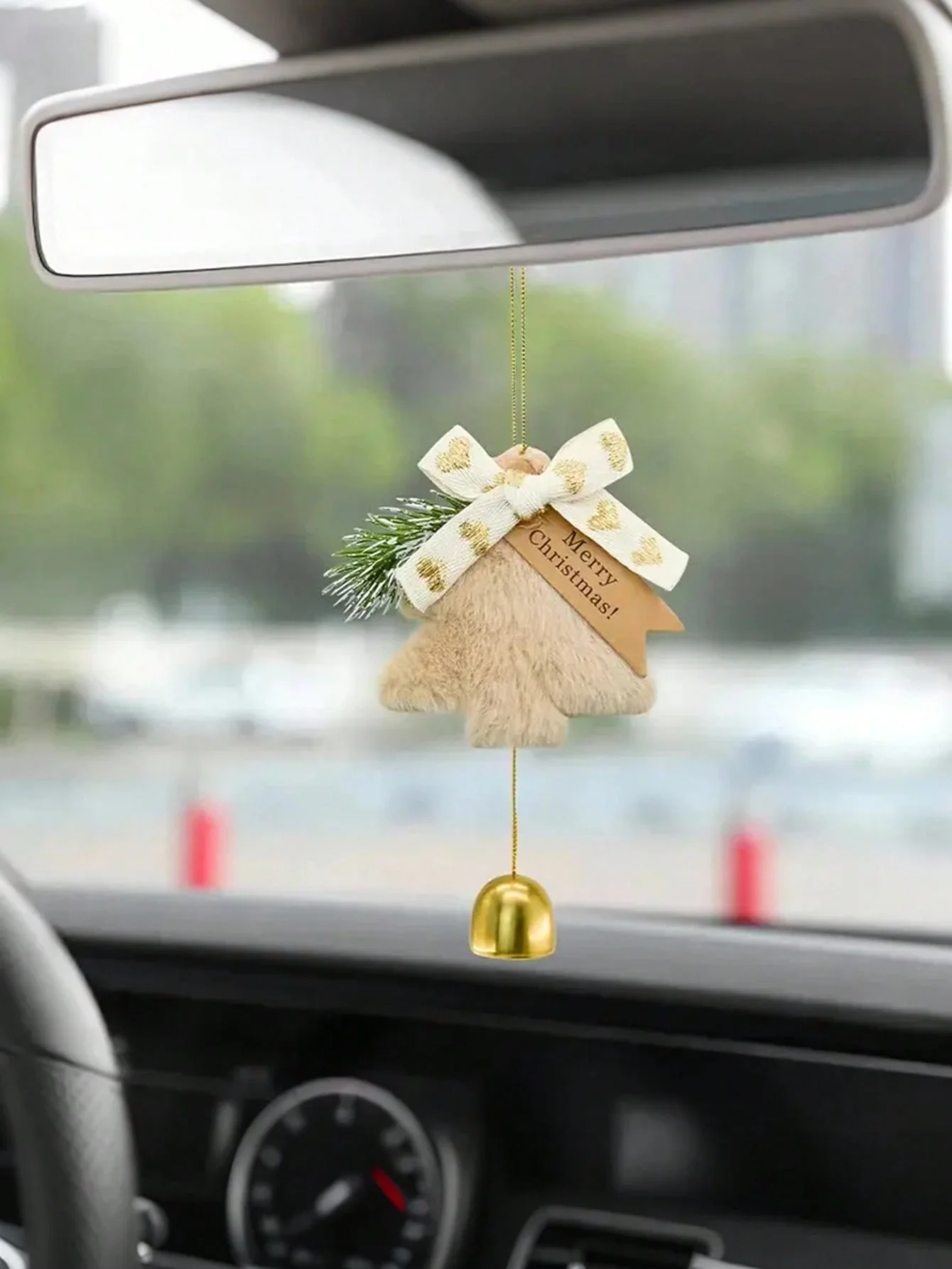 Festive Christmas Car Ornament, Plush Tree, Gold Bell & Bow, Cute Holiday Hanging Decoration, Car Rearview Mirror, Home, Door, P