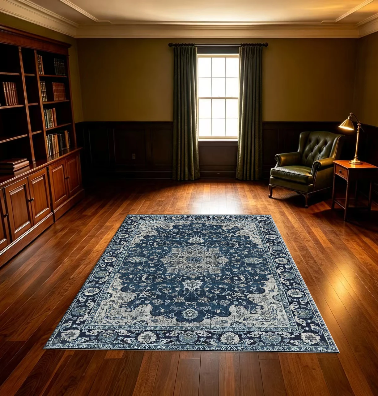 Vintage Navy Blue Distressed Persian Square Rug Antique Ornate Floral Medallion Non-Slip Floor Carpet for Living Room Home Decor