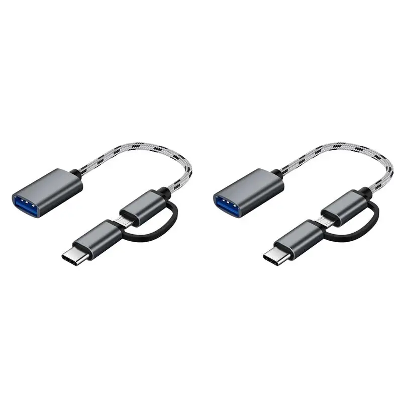 2X 2 In 1 USB OTG Cable Type-C/Micro-USB To USB 3.0 Adapter Braided Designed Data Transfer Cable For Andriod Phone(Grey)-Y41A