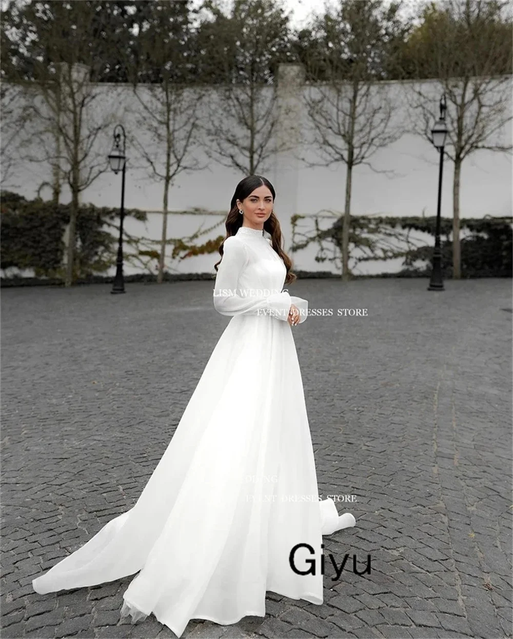 Giyu elegante abito da sposa a-line per donna o-collo maniche lunghe drappeggiato abiti da sposa Novias Boda