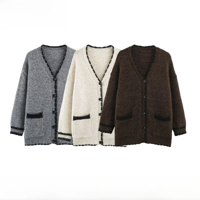 Early Autumn New Arrival Women's Fashionable V-Neck Knitted Open Cardigan Color Block School Style Polyester Fiber Loose Fit