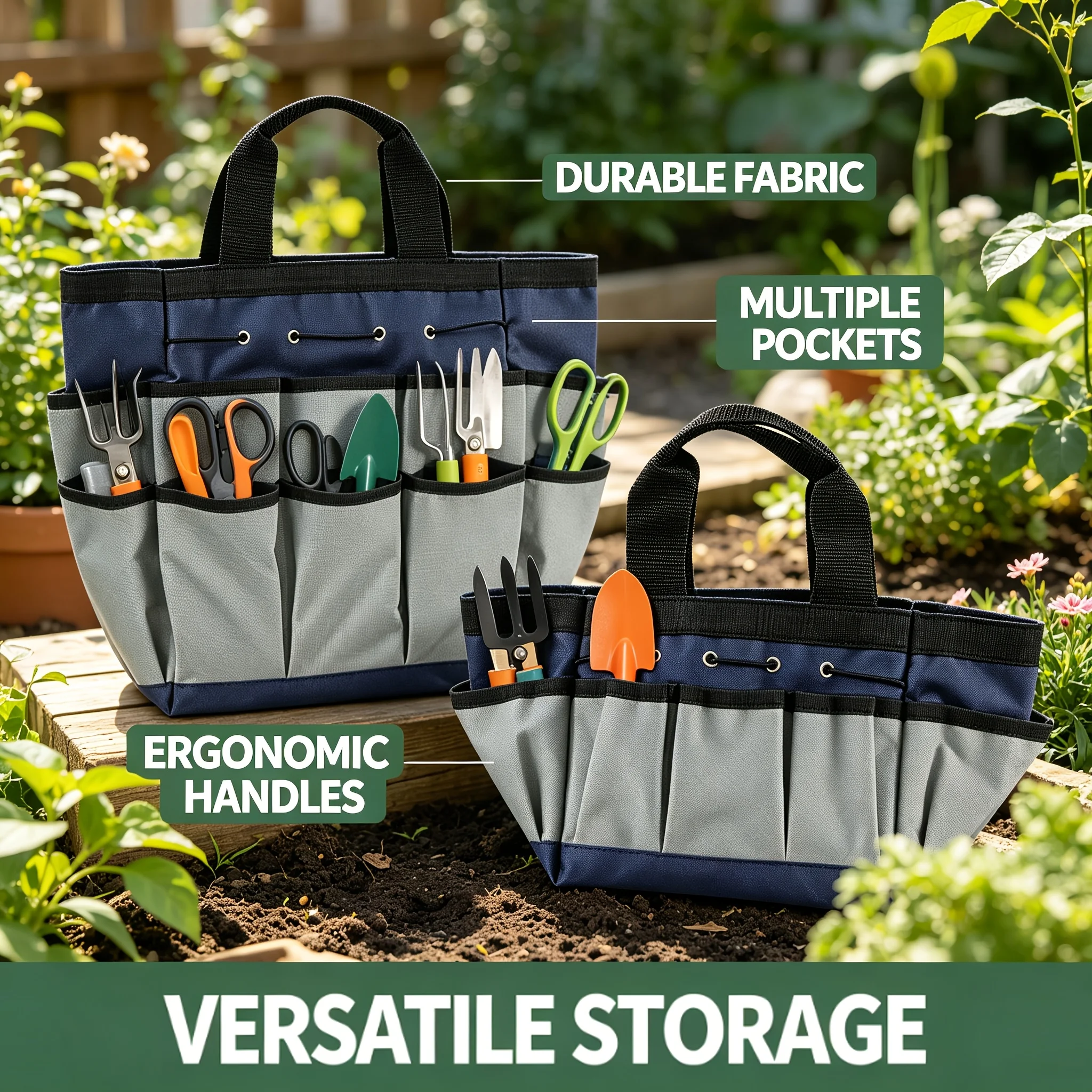 600d Oxford Fabric Heavy Duty Garden Storage Large Capacity 1 Main Compartment 7 Pockets Outdoor Gardening Storage Accessories