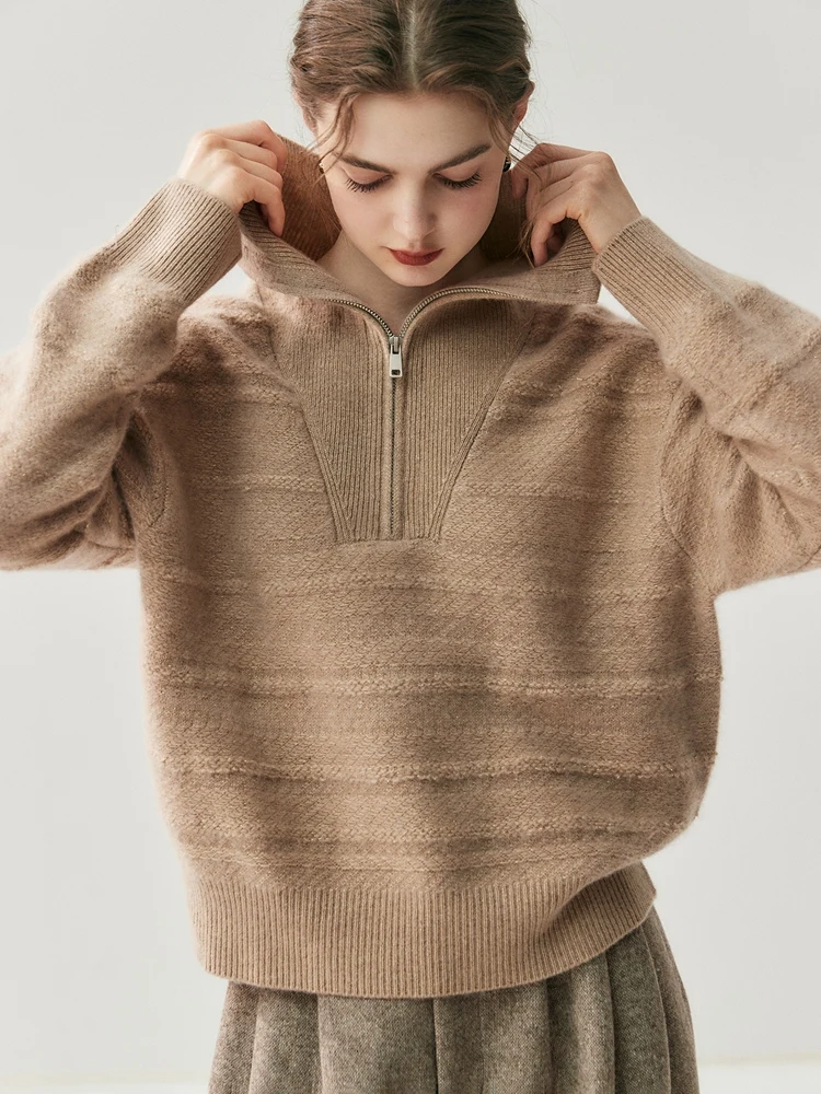 

Роскошный женский свитер из 100% кашемира, пуловер, осень-зима, теплые топы на молнии с лацканами, свободная одежда, винтажная вязка, поперечный поворотный цветок