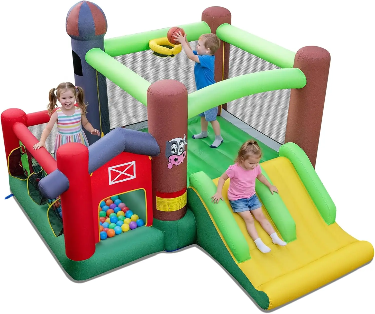 

Kids Indoor Outdoor Farm Themed Inflatable Bouncy House with Double Slides and Ground Stakes, Toddler Bounce House for Backyard Use (Blower Not Included)