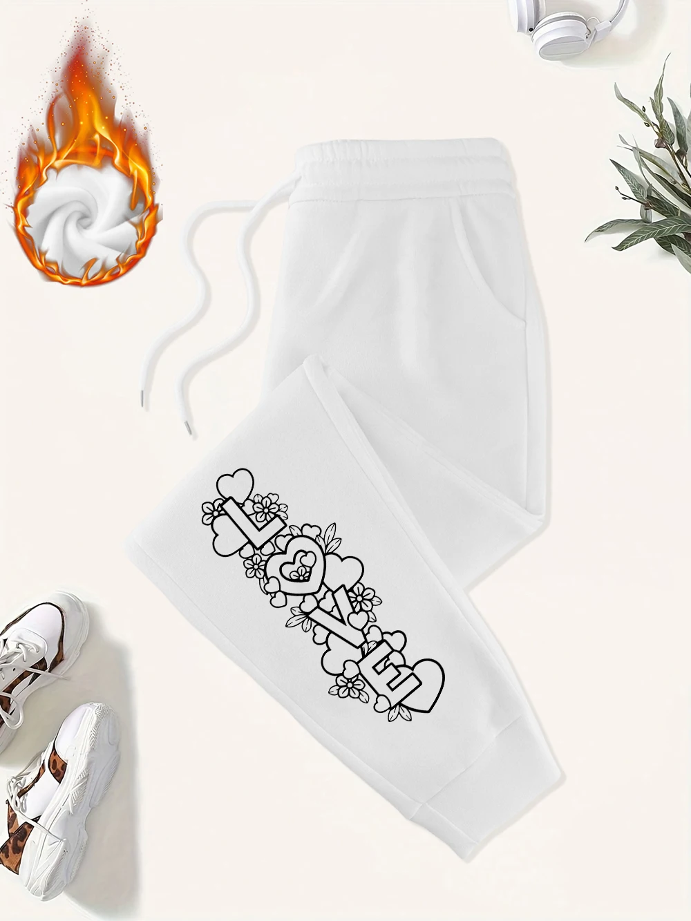 New Creative Flowers Around Love Text Prints Sweatpants Womens Casual Pants Pocket Fleece Warm Trousers Winter Womans Streetwear