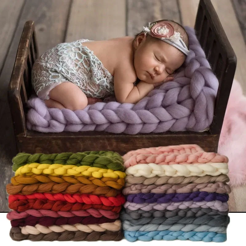 Newborn Photography Props Merino Wool Knitted Braid Blanket for Baby Photo Shoot Background Basket Stuffer Bump Wrap 50x50CM
