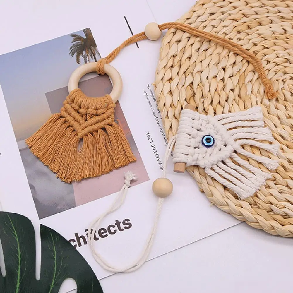 Tear-resistant Hanging Decoration Boho Tassel Cotton Rope Hanging Decoration with Blue Eye Rustic Wooden Stick Bead Ring Elegant