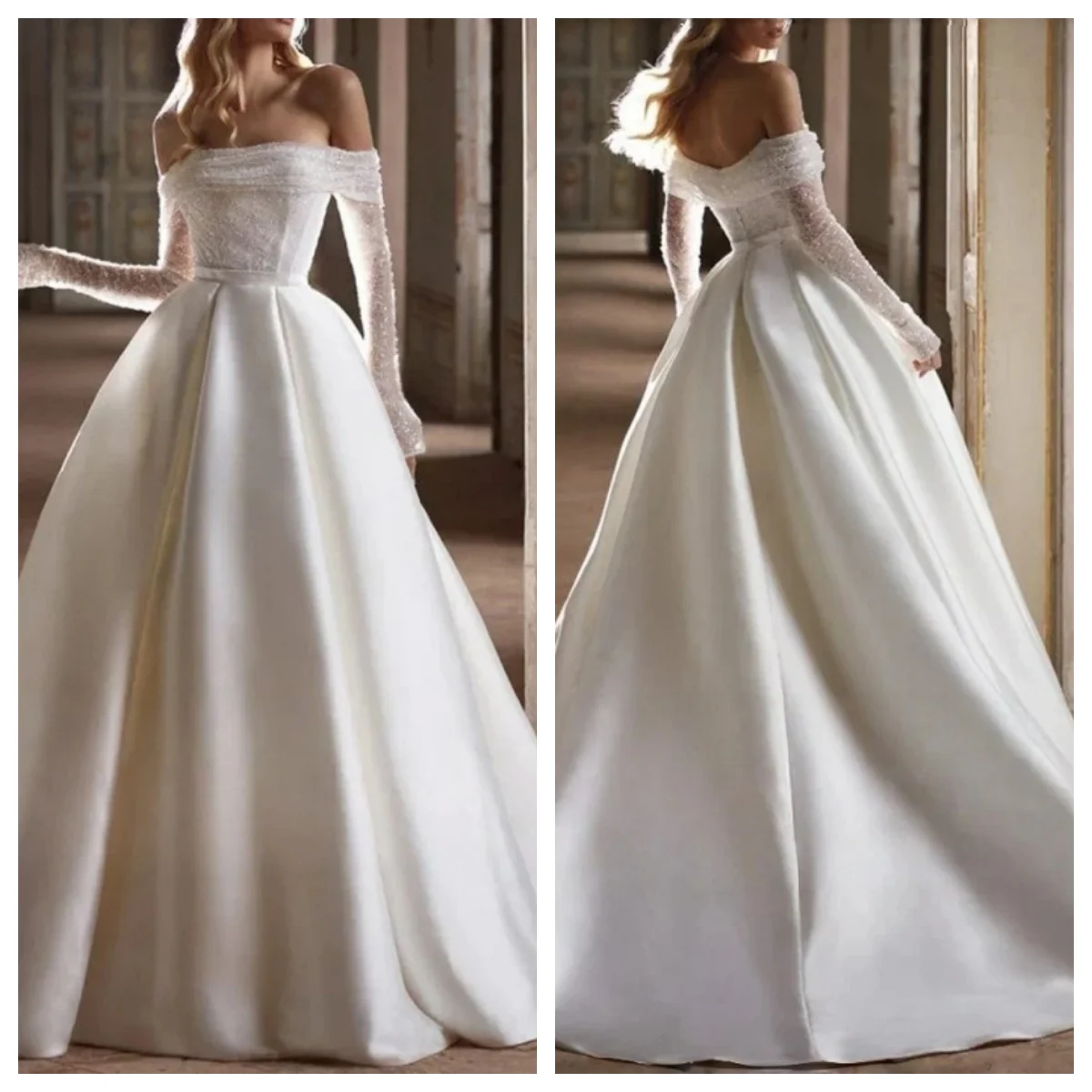 

Exquisite Beading Sequined Long Sleeve Lace Pleat Draped A-line Off-The-Shoulder Dresses Bespoke Occasion Dresses