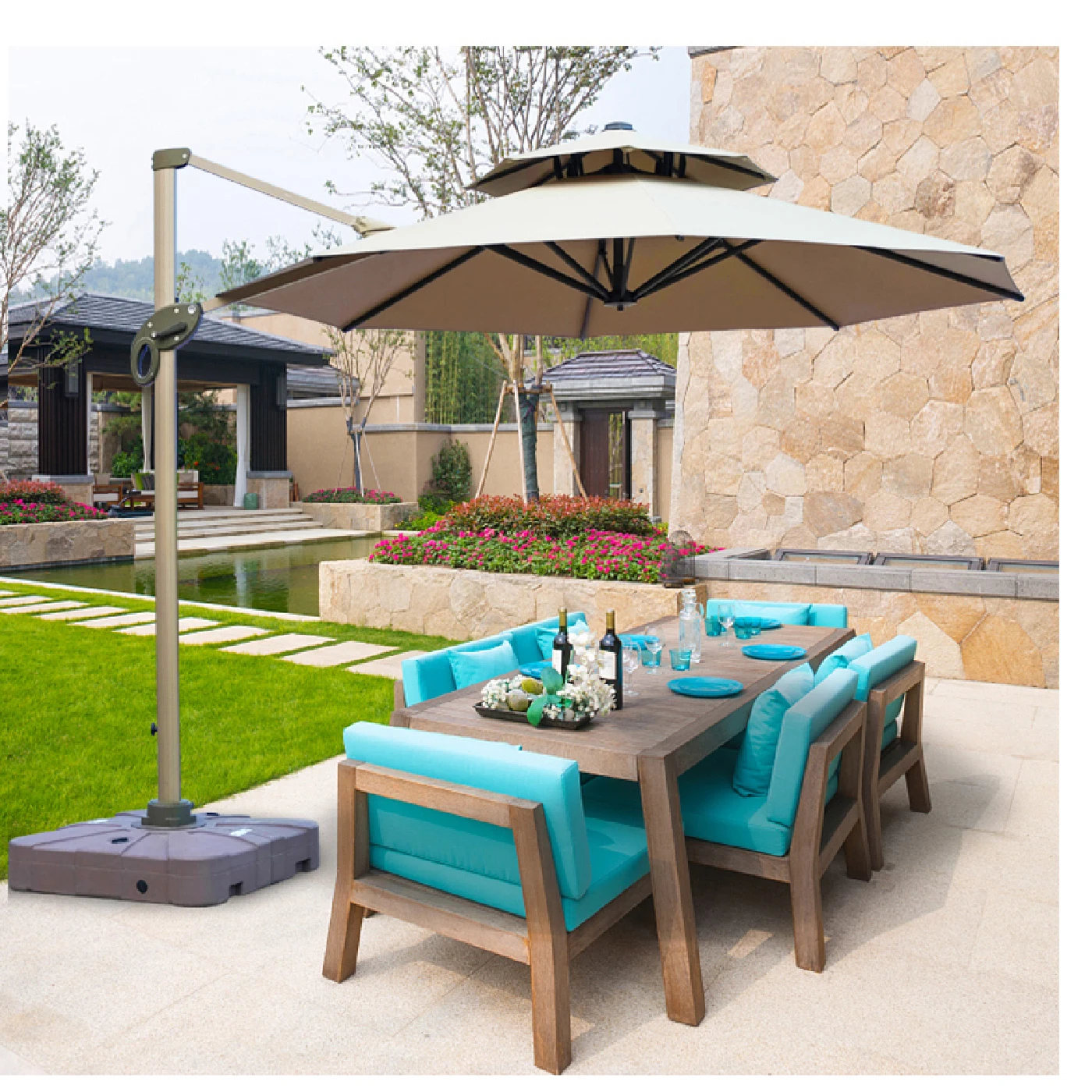 

Custom Colors Logo Large Revolving Giant Aluminum Outdoor Umbrellas Roman Courtyard Hotels Outdoor Furniture