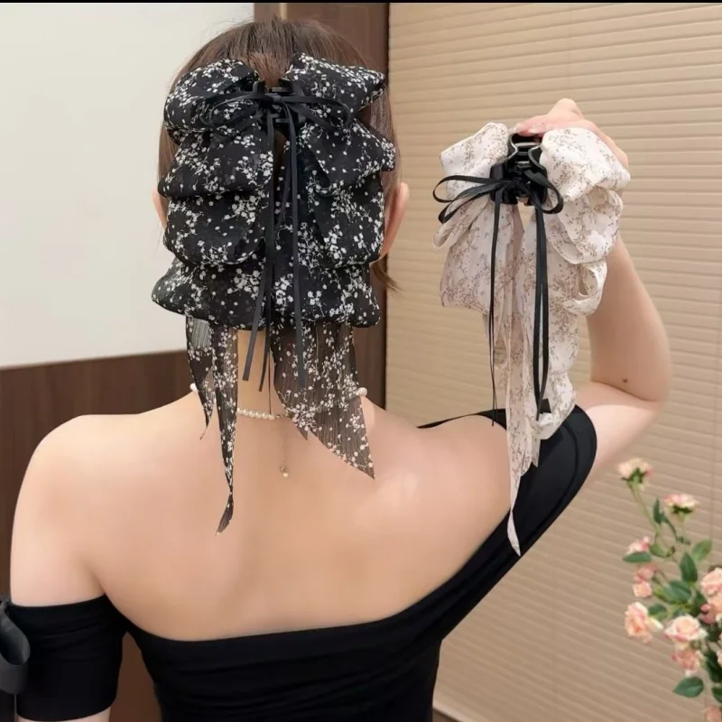 

New Style Floral Print Ribbon Hair Clip For Ladies Elegant Hair Accessory Suitable For Half Up Ponytail Or Back Of Head Updo