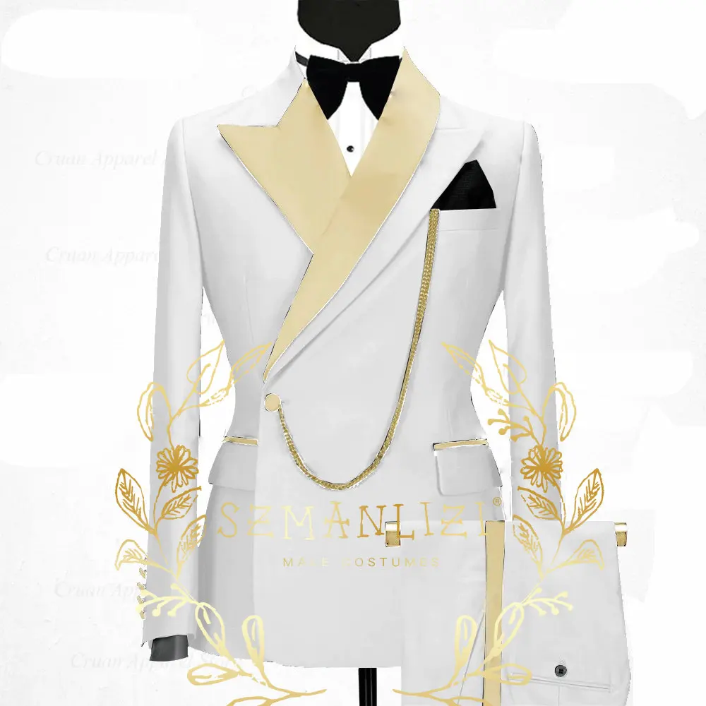 Fashion Black Men Suits Double Breasted Costume Homme Gold Satin Peak Lapel Jacket Pants Formal Suits For Wedding Groom Tuxedos