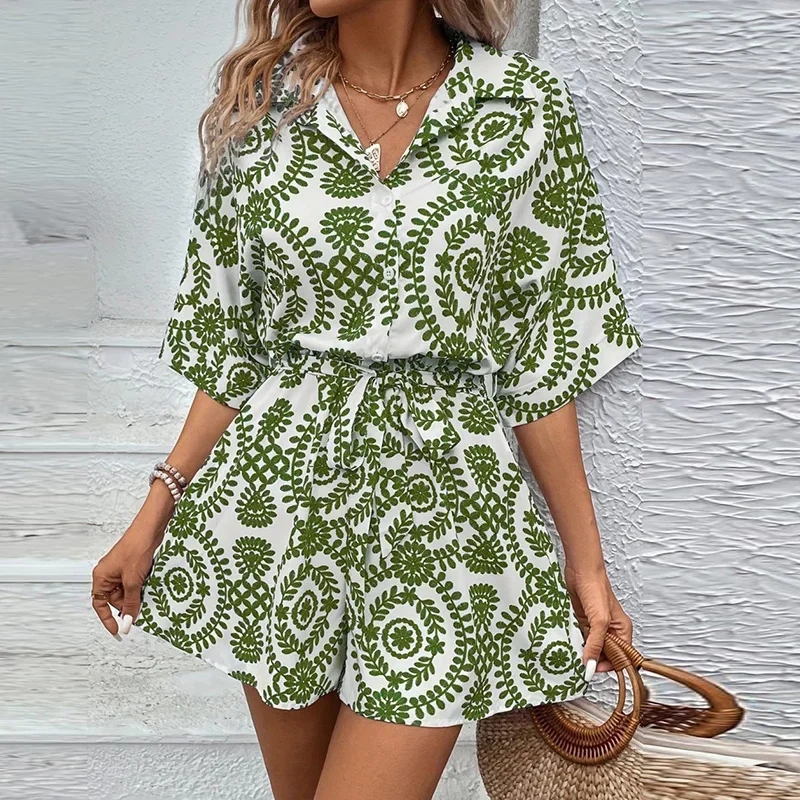 Summer Short Jumpsuit Women Turn Down Collar Printed Short Sleeve Lace Up Rompers Women Loose Playsuits 2024