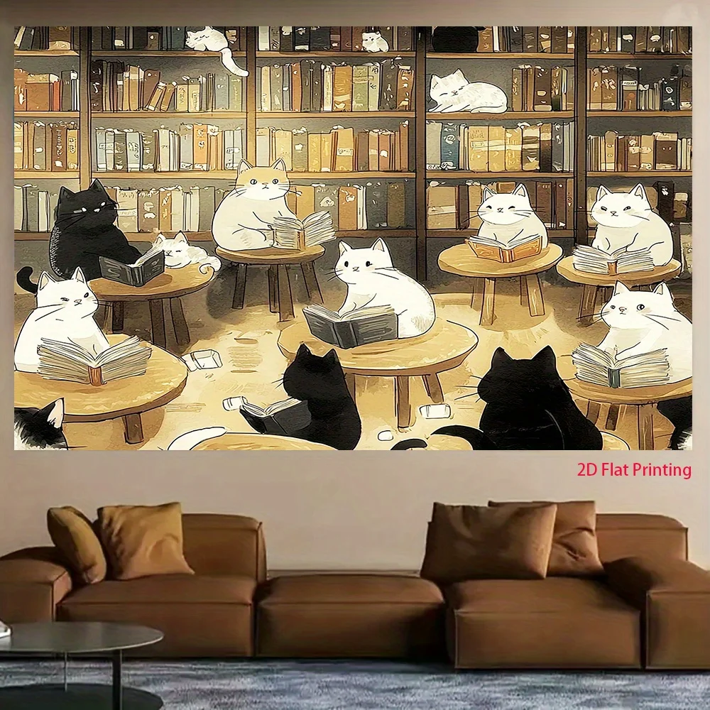 Cat Library Tapestry - Reading Cats in Bookstore, Cozy Bookshelf Scene, Cartoon Wall Art, Polyester, Multiple Sizes