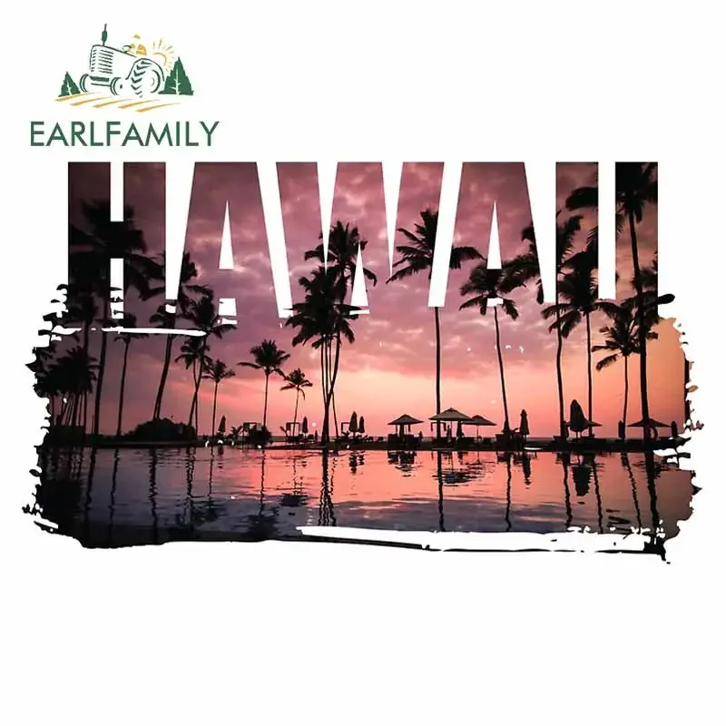 EARLFAMILY 13cm x 7.8cm Hawaii Sky Sunset Beach Vacation Car Stickers Windows RV Camper Funny Decal Funny Surfboard Decoration