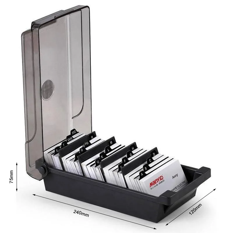 Business Card Holder, Plastic Name Card Organizer Storage Box with 4 Dividers and Index Tabs, Storage up to 500 Cards