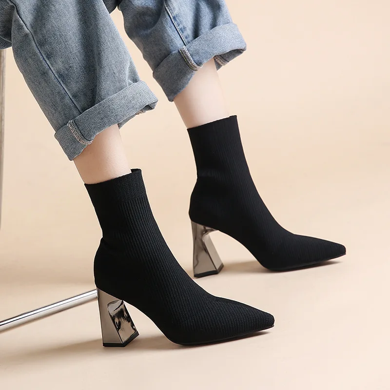 Socks Boots Women High Heel Pointed Toe Ankle Boots Autumn Winter Warm Breathable Botas Wool Knitting Stretch Boots for Women