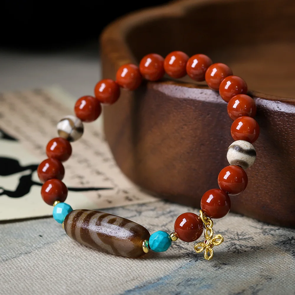 Pulsera de un solo anillo de ágata roja del Sur, joyería de hilo chino dzi de dos ojos, joyería para hombres y mujeres