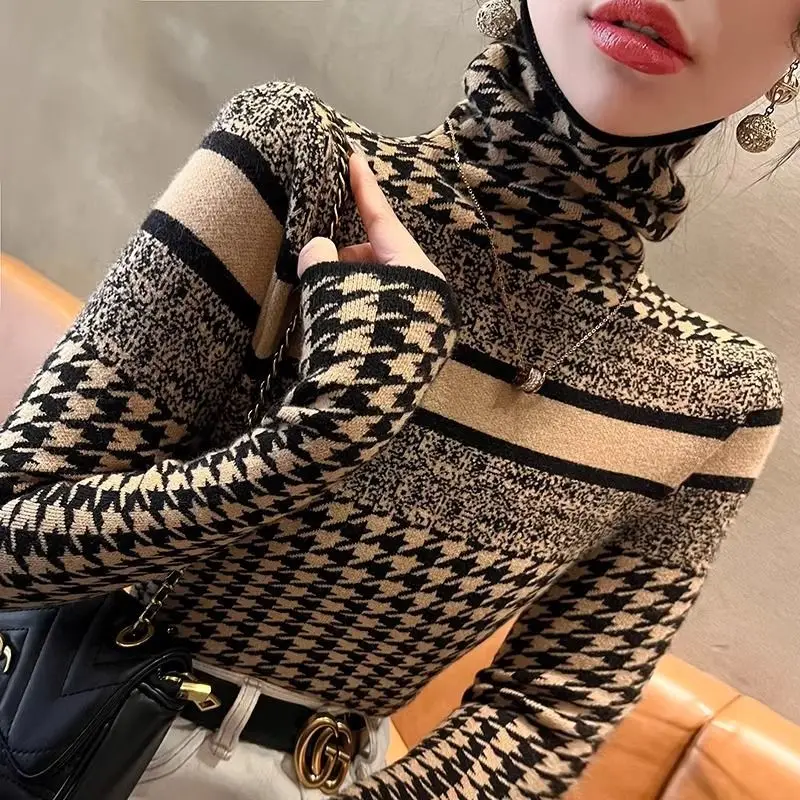 Thousand Bird High Collar Sweater Autumn/Winter Women's Collection 2024 New Slimming Top Bottom Shirt Western Women's Clothing