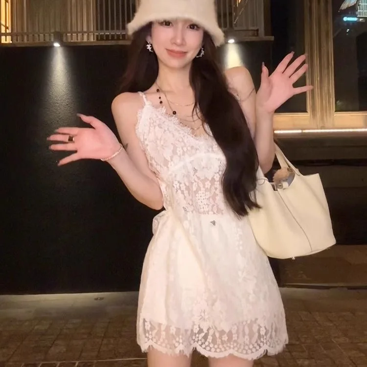 Women's Sexy Sheer V-neck White Lace Mini Dress Spring Autumn Sleeveless Cover-Up Dress Transparent Hollow Out Elegant Dress