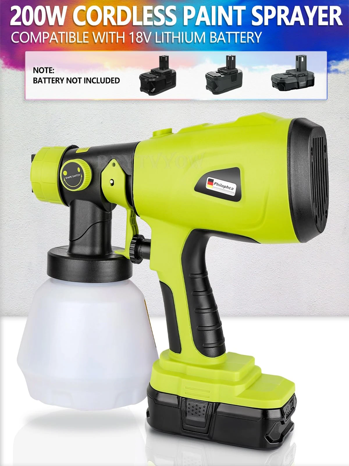 

200W High Power HVLP Spray Paint Gun Compatible with Ryobi 18V Lithium Battery Paint Sprayer 4 Copper Nozzle 3 Pattern for Fence