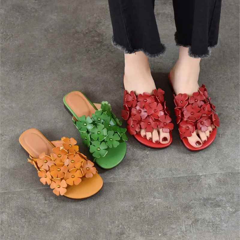 2026 2cm Retro Flower Flat Slippers Summer New Genuine Leather Peep Toe Versatile Women's Outdoor Slides