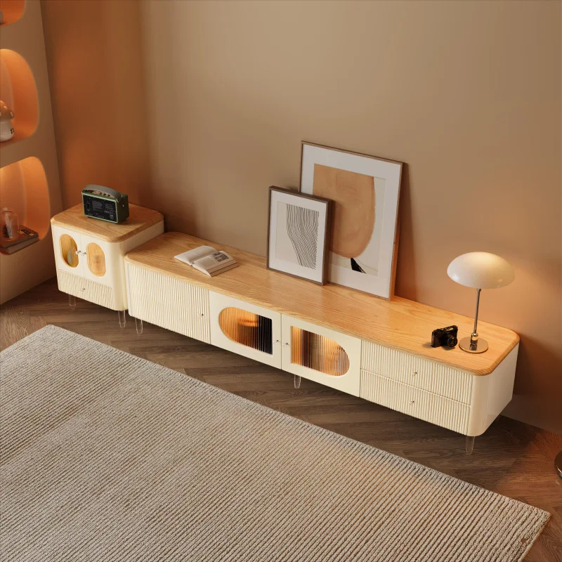 

Cream wind, ash wood TV cabinet, coffee table combination, modern and simple slate small apartment, floor cabinet