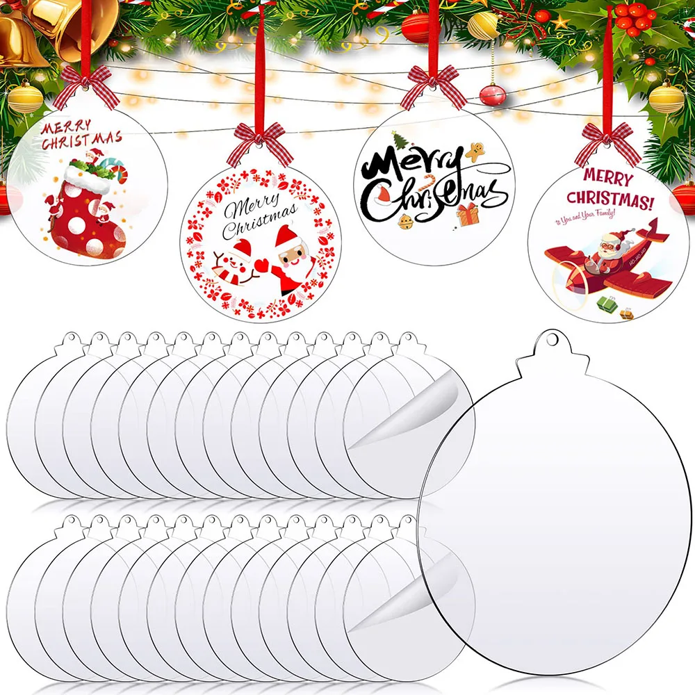 

30pcs 3inch Clear Acrylic Christmas Ornaments Round Acrylic Blanks Discs Keychain Ornament With Red Ribbon For DIY Decoration