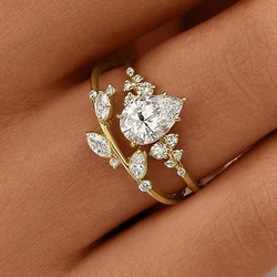 Huitan Trendy Bridal Sets Rings with Waterdrop Cubic Zirconia Romantic Women's Accessories Anniversary Party New Luxury Jewelry