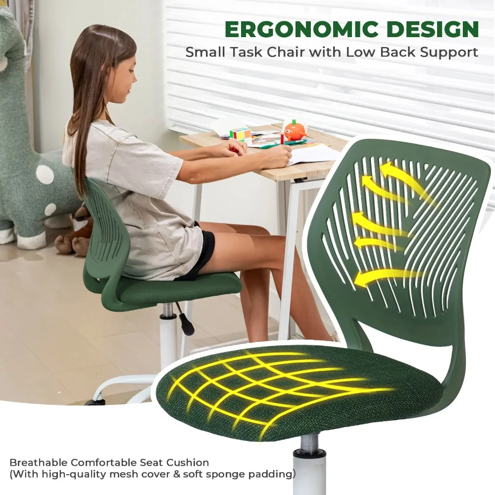 Adjustable Office Desk Chair, Upholstered Swivel Task Chair for Kids and Teens, Green 2024 New