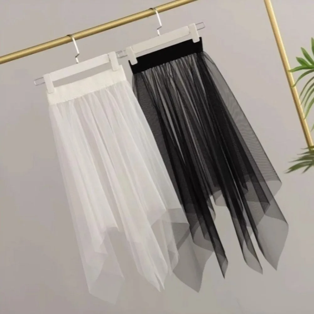 Elegant Transparent Lace Mesh Skirt Long Irregular Petticoat Underskirt Black White Tulle Skirt Girl