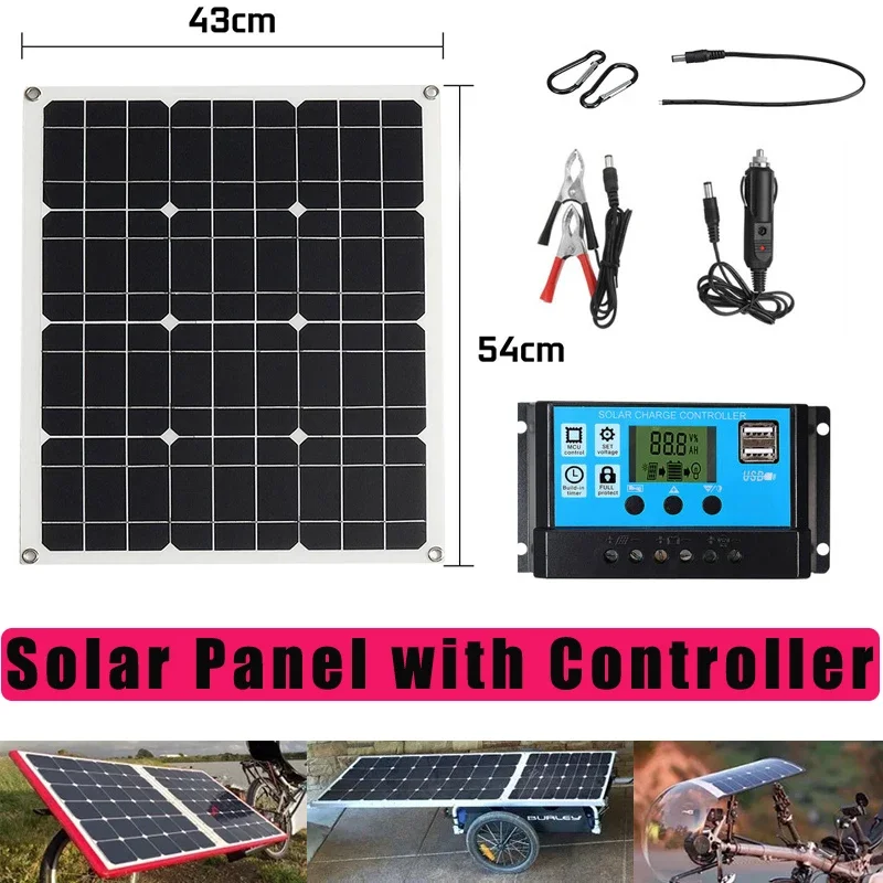 Solar Panel 100W with 12V/24V Controller Battery Charger Waterproof USB Port Solars Plate for Phone Power Bank Outdoor Home Use