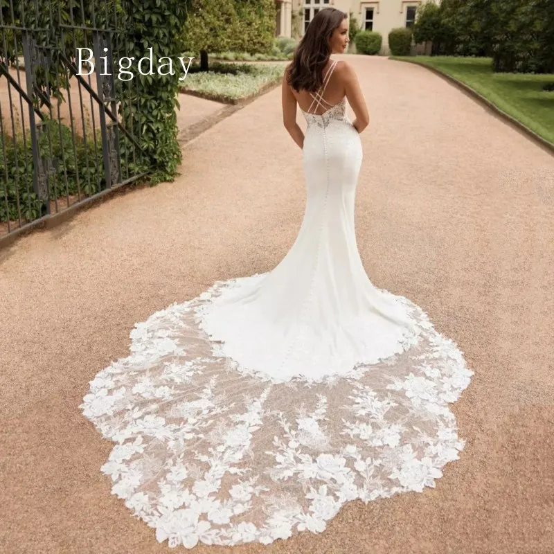 Elegant Sweetheat Wedding Dresses Mermaid Lace Open Back White Satin Spaghetti Straps Bridal Gown Court Train Vestidos De Novia