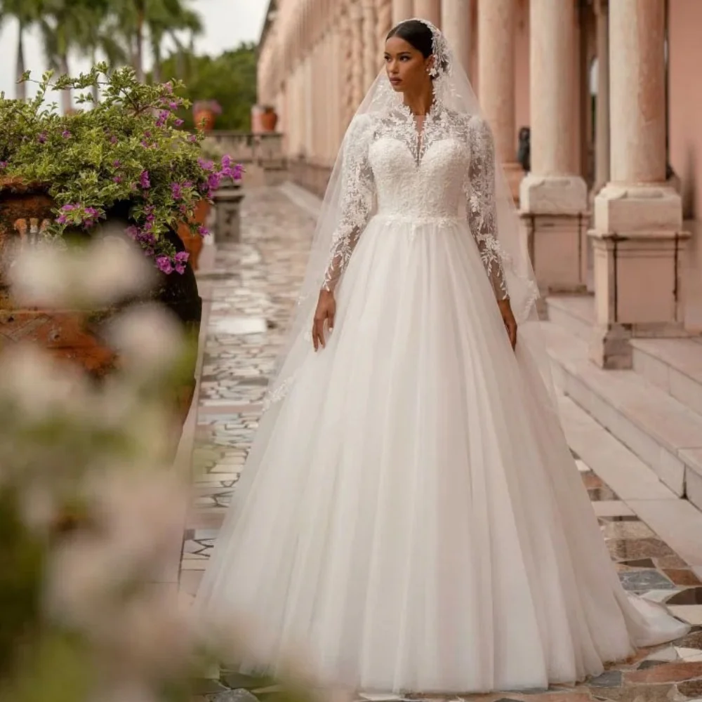 Tule uma linha personalizado elegante noiva robes clássico vestidos de casamento manga longa apliques vestido de baile de noiva novia