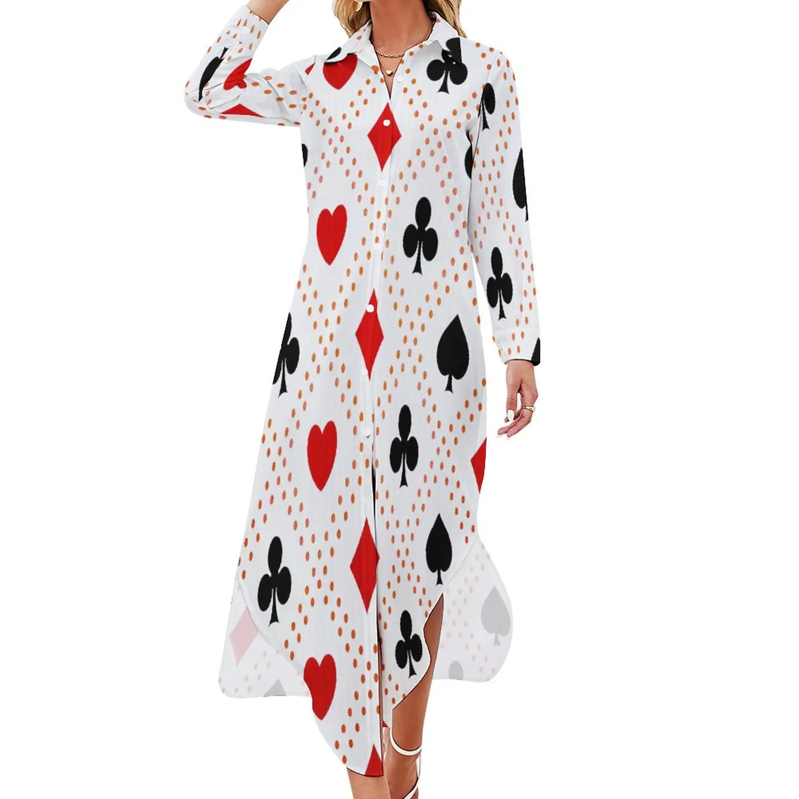 Poker Heart Casual Dress Card Pattern Red Queen Streetwear Dresses Summer Beach Chiffon Dress Long Sleeve Graphic Vestido 4XL