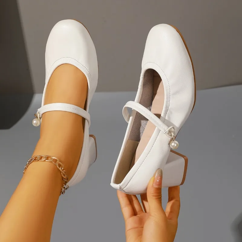 ماري جين 2025 موضة الربيع والخريف الجديدة متعددة الاستخدامات الفرنسية متوسطة الكعب كعب حذا فردي للسيدات لطيف عالية الكعب