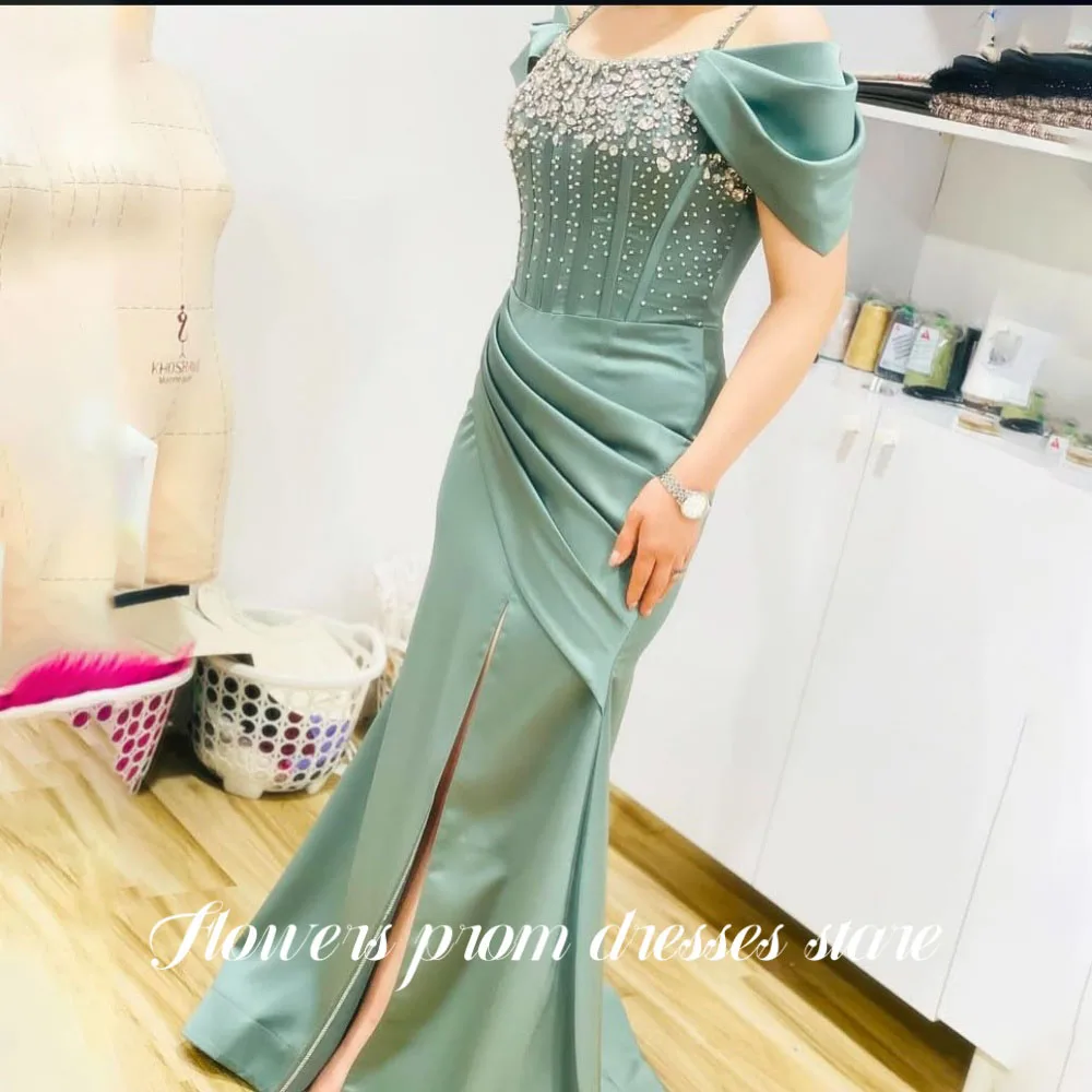 

Мятно-зеленое платье для выпускного вечера с цветами, вечернее платье с разрезом, вечернее платье со складками и кристаллами, торжественное платье de fiesta по индивидуальному заказу