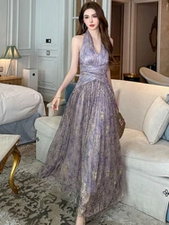 French Luxury Prom Dresses Women Fashion Elastic Mesh Halter Open Back Backless Cross Waist Maxi Robe Holiday Party Vestidos