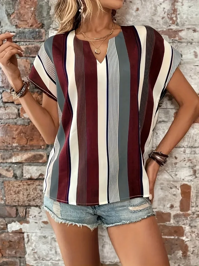 Plus Size 1XL-8XL Casual T-shirt Women's Plus Stripe Print Short Sleeve Notched Neck Top