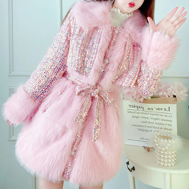 

2024 Winter Sweet Slim Waist Young Lady Faux Fox Fur Coat Fuzzy Fur Collar Patchwork Woolen Jackets For Female Elegant Outwear