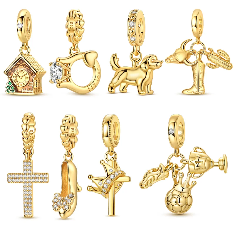 

925 Sterling Silver Golden Charms Bead Football Ring Dog Cross Dangle Fit Original Bracelet DIY Women Jewelry