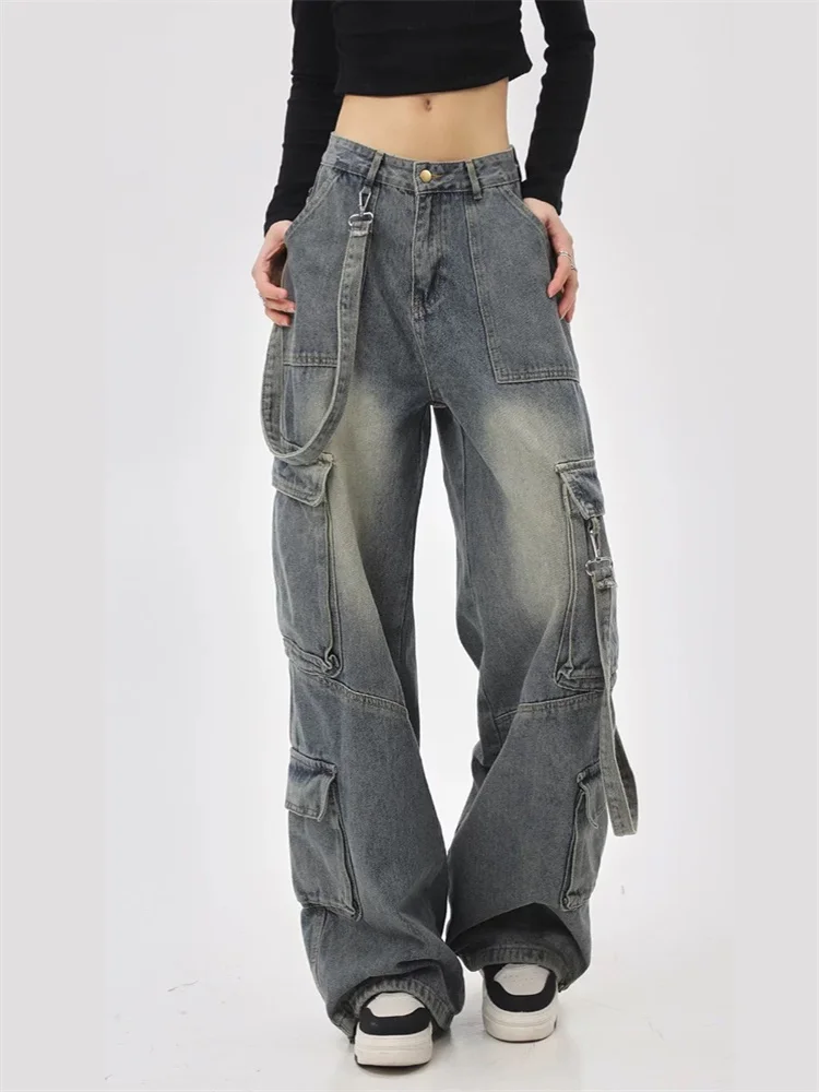 Cargo Jeans Women American Retro Distressed Multi Pocket Wide Leg Trousers Loose Straight Fit  Streetwear Winter Warm Pants