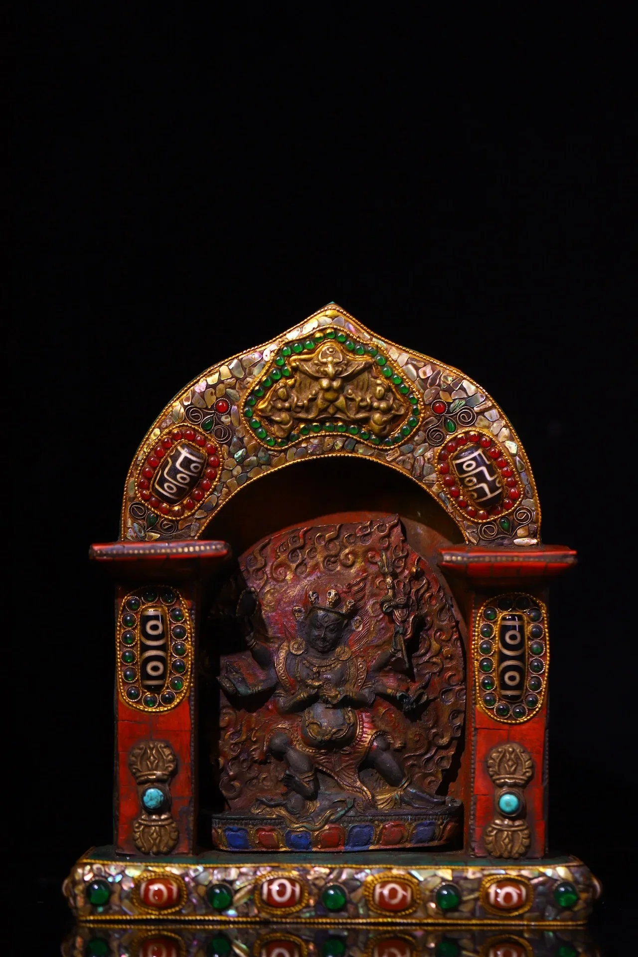 

9"Tibetan Temple Collection Old Bronze Painted Mosaic Gem gZi Beads Six arm Mahakala Buddhist Niche Worship Hall Town house