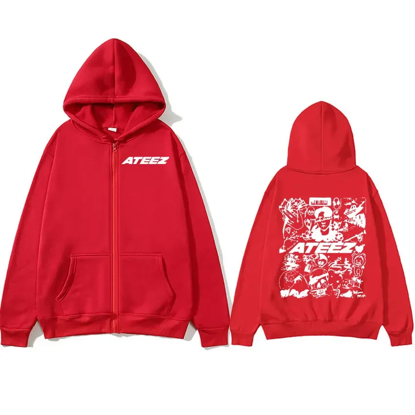 Korean Band Ateez Music Album Zipper Hoodie Men\'s Women Hip Hop Fashion Oversized Zip Up Sweatshirt Retro Pullover Coats Hoodies