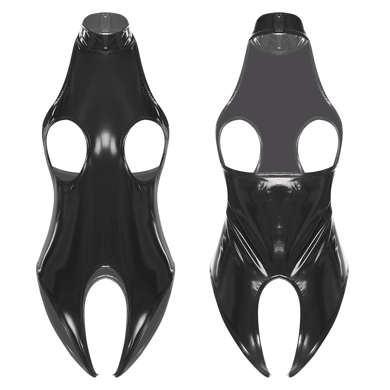 

Sensual Women Halter Neck Bodysuit Glossy PU Backless Leotard with Cutout Cup And Open Crotch Honeymoon Anniversary Nightwear