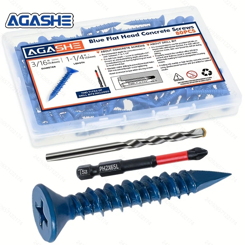 AGASHE 80Pcs 3/16' X 1-1/4' Concrete Screw Anchors with 2 Drill Bits. Blue Coated, Rust-Resistant Hex Head Screws for Masonry, B
