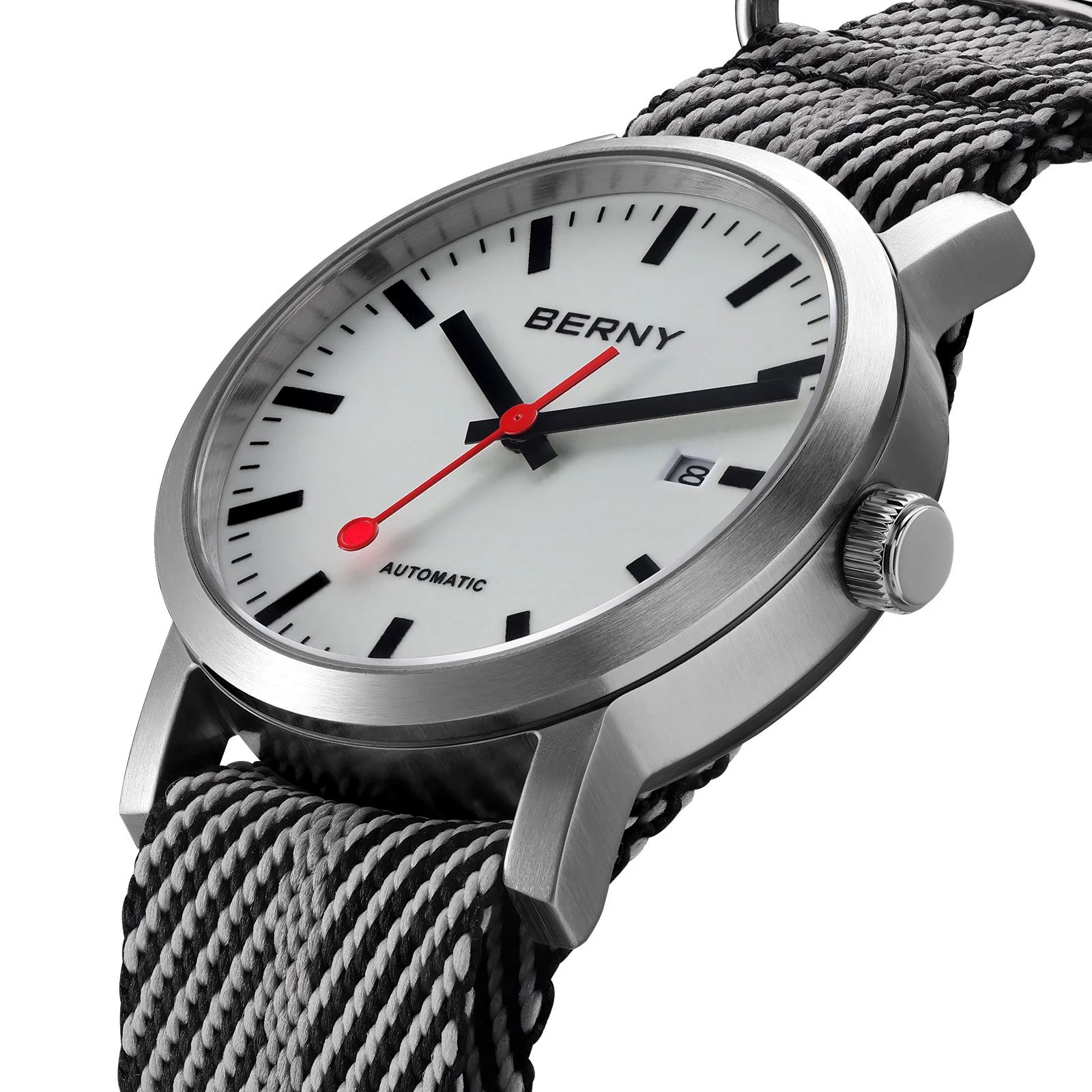 بيرني ساعة أوتوماتيكية للرجال 40 مللي متر مضيئة السكك الحديدية الوقت الهاتفي ميوتا 8215 حزام النايلون الياقوت 50 متر مقاوم للماء ساعة ميكانيكية للرجال