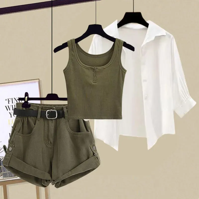 

Summer Faion Set White ort Sun Protection irt Vest Slim Jeans orts Tee Piece Set for Younger Looking Hot Girl