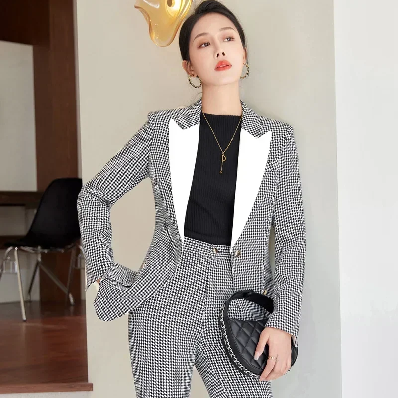 Setelan kotak-kotak wanita 2 potong, Blazer + Celana Houndstooth pakaian kerja kantor Formal wanita bisnis modis mantel celana panjang gaun Prom