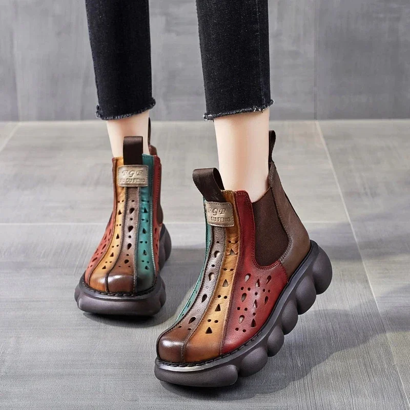 New Hollow Natural Genuine Leather Women Summer Ankle Mid Calf Boots Platform Designer Authentic Mixed Color British Shoes