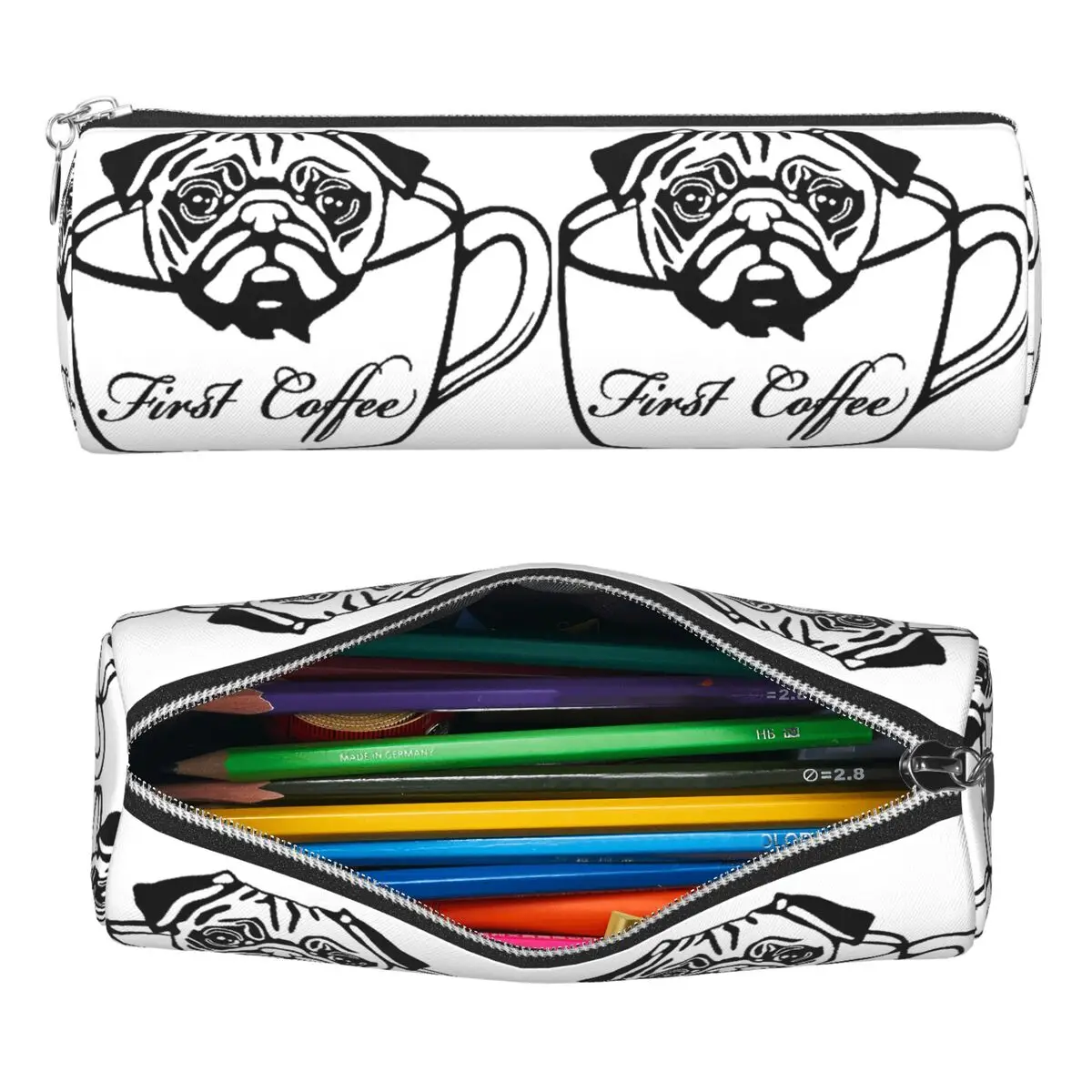 Estojo de Lápis Pug First Coffee, Porta Canetas Cilíndrico, Caixa de Lápis, Bolsa de Lápis para Presentes de Meninos e Meninas